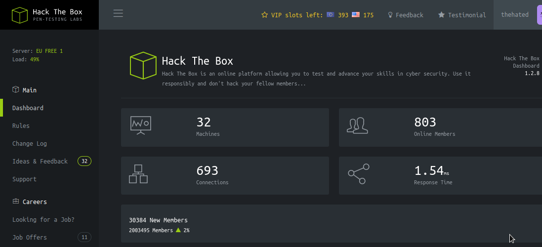 HackTheBox site while logged in